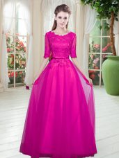 Scoop Half Sleeves Lace Up Prom Dresses Fuchsia Tulle