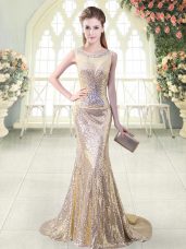 Clearance Scoop Sleeveless Brush Train Zipper Formal Evening Gowns Gold Sequined