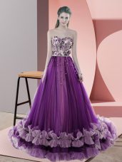 Sleeveless Appliques Lace Up Prom Party Dress with Purple Sweep Train