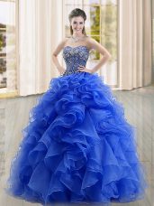 Dynamic Blue Sleeveless Organza Lace Up Sweet 16 Dresses for Military Ball and Sweet 16 and Quinceanera