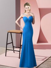 Scoop Sleeveless Formal Dresses Floor Length Beading Blue Satin