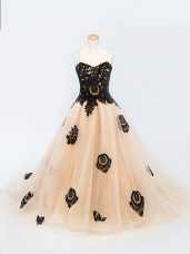 Sleeveless Tulle Brush Train Lace Up Kids Formal Wear in Peach with Appliques