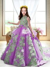 Lilac Ball Gowns Appliques Little Girls Pageant Dress Wholesale Backless Satin Sleeveless
