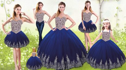 High End Floor Length Lace Up Sweet 16 Quinceanera Dress Royal Blue for Military Ball and Sweet 16 and Quinceanera with Beading and Appliques