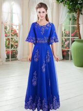 Royal Blue Lace Up Evening Dress Lace Half Sleeves Floor Length