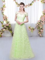 Yellow Green Empire Off The Shoulder Cap Sleeves Tulle Floor Length Lace Up Appliques Court Dresses for Sweet 16