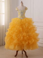 Hot Sale Sleeveless Organza Floor Length Lace Up Little Girl Pageant Dress in Gold with Beading and Ruffled Layers