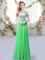Hot Sale Scoop Short Sleeves Court Dresses for Sweet 16 Floor Length Sequins Green Chiffon