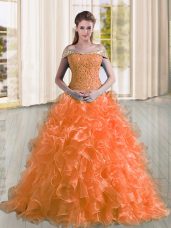 Sleeveless Sweep Train Beading and Lace and Ruffles Lace Up Quinceanera Dresses