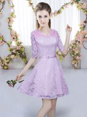 Gorgeous Half Sleeves Lace Mini Length Zipper Quinceanera Court Dresses in Lavender with Belt