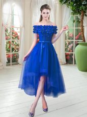 Vintage Royal Blue Tulle Lace Up Prom Dresses Short Sleeves High Low Appliques