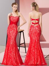 Suitable Sleeveless Floor Length Beading Backless Dress for Prom with Red
