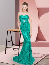 Custom Made Sleeveless Beading Lace Up Evening Dress with Turquoise Sweep Train