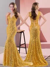 Gold Sequined Lace Up V-neck Sleeveless Evening Dress Sweep Train Beading