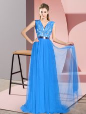 V-neck Sleeveless Tulle Evening Dress Beading and Lace Sweep Train Zipper