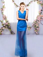 Graceful Sleeveless Floor Length Lace Lace Up Wedding Party Dress with Royal Blue