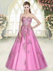 Delicate Rose Pink Lace Up Prom Dresses Appliques Sleeveless Floor Length