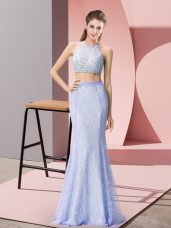 Floor Length Baby Blue Prom Evening Gown Sleeveless Beading and Lace