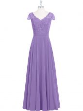 Lavender Empire Lace Prom Party Dress Zipper Chiffon Cap Sleeves Floor Length