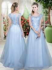 Fine Cap Sleeves Tulle Floor Length Lace Up Prom Party Dress in Light Blue with Lace