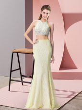 Sleeveless Lace Floor Length Backless Formal Evening Gowns in Light Yellow with Beading