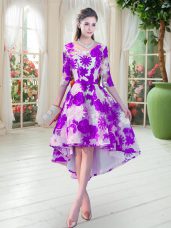 Deluxe Lace Scoop Half Sleeves Lace Up Belt Prom Gown in White And Purple