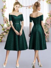 Graceful Dark Green Lace Off The Shoulder Short Sleeves Tea Length Dama Dress for Quinceanera Belt