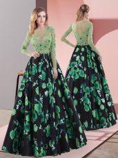 Fancy Multi-color A-line Scoop Long Sleeves Printed Floor Length Lace Up Appliques Prom Party Dress