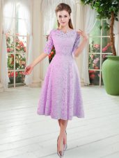 Ideal Lilac Lace Zipper V-neck Half Sleeves Tea Length Prom Dresses Beading