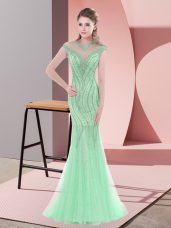 Flare Scoop Cap Sleeves Formal Evening Gowns Sweep Train Beading Apple Green Tulle