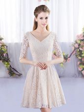 Edgy Champagne Lace Up Bridesmaids Dress Lace Half Sleeves Mini Length