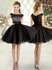 Black A-line Square Sleeveless Tulle Mini Length Zipper Beading Prom Dress