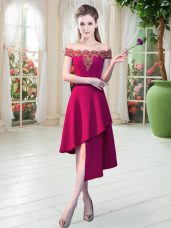 Wine Red Satin Zipper Evening Dress Sleeveless Asymmetrical Appliques
