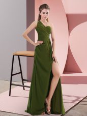 Eye-catching Olive Green Empire Chiffon One Shoulder Sleeveless Beading Floor Length Backless Evening Gowns