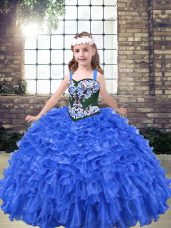 Enchanting Blue Kids Pageant Dress Party and Wedding Party with Embroidery and Ruffles Straps Sleeveless Lace Up