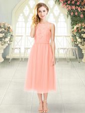 Dynamic Sleeveless Tea Length Lace Zipper Prom Dress with Peach
