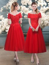 Perfect Off The Shoulder Short Sleeves Lace Up Prom Dress Red Tulle