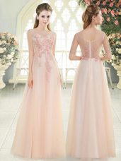 Floor Length Zipper Pink for Prom and Party and Military Ball with Beading and Lace and Appliques