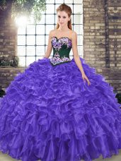 Purple Sweetheart Lace Up Embroidery and Ruffles Sweet 16 Dresses Sweep Train Sleeveless