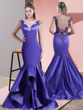 Sleeveless Satin Sweep Train Side Zipper Homecoming Dress in Purple with Beading and Appliques