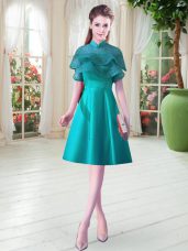 Teal High-neck Lace Up Ruffled Layers Prom Evening Gown Cap Sleeves