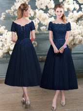 Navy Blue Scalloped Zipper Lace Prom Party Dress Short Sleeves