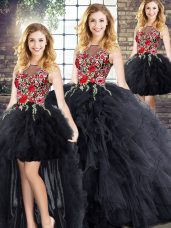 Super Black Zipper Scoop Embroidery and Ruffles Quinceanera Gown Sleeveless