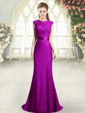 Stylish Eggplant Purple and Purple Womens Evening Dresses Prom and Party with Beading and Lace Scoop Sleeveless Sweep Train Backless