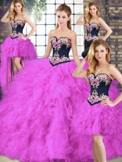Fuchsia Ball Gown Prom Dress Sweet 16 and Quinceanera with Beading and Embroidery Sweetheart Sleeveless Lace Up