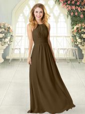 Floor Length Zipper Evening Dress Brown for Prom and Party with Ruching