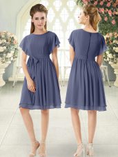 Knee Length Blue Dress for Prom Chiffon Short Sleeves Belt