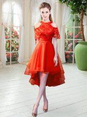 Rust Red A-line Lace Prom Dress Zipper Tulle Short Sleeves High Low