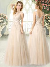Champagne A-line Appliques Prom Dress Zipper Tulle Sleeveless Floor Length