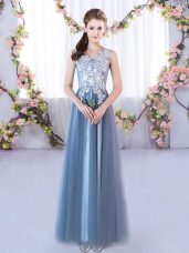 Sumptuous Blue Bridesmaids Dress Prom and Party and Wedding Party with Lace V-neck Sleeveless Lace Up